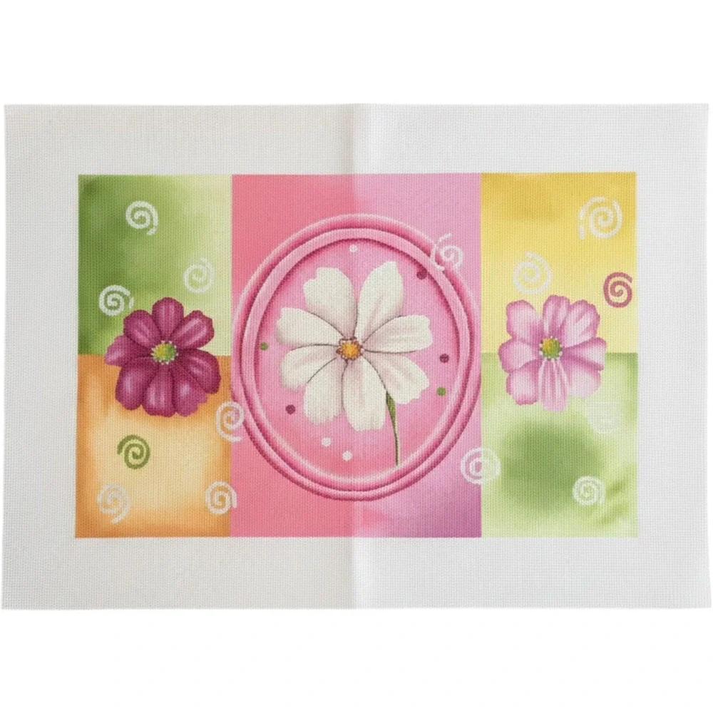 Hand Painted Mod Floral Needlepoint Canvas Large Vintage Pink Green Cottage
